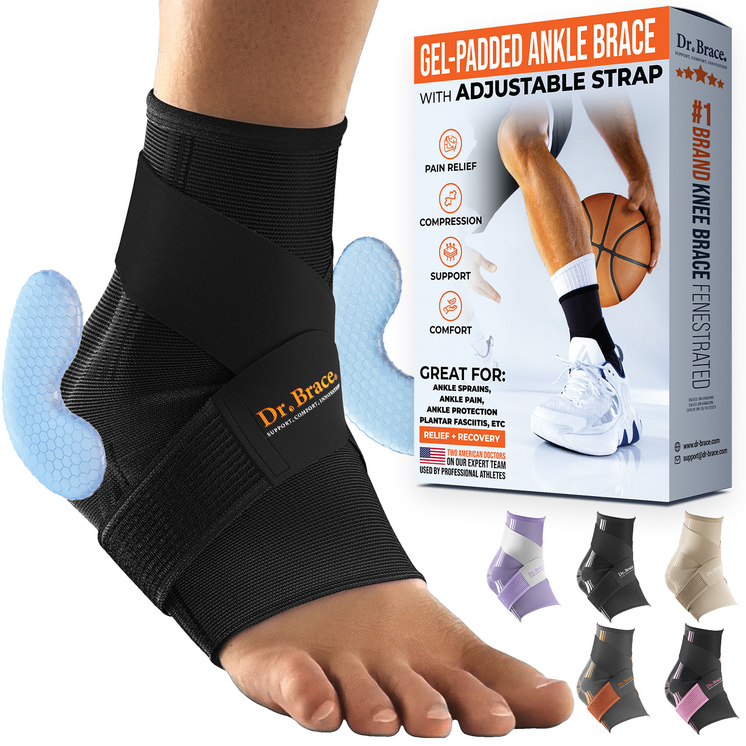 DR. BRACE Elite Ankle Brace with Double Gel Pads and Adjustable Support Strap