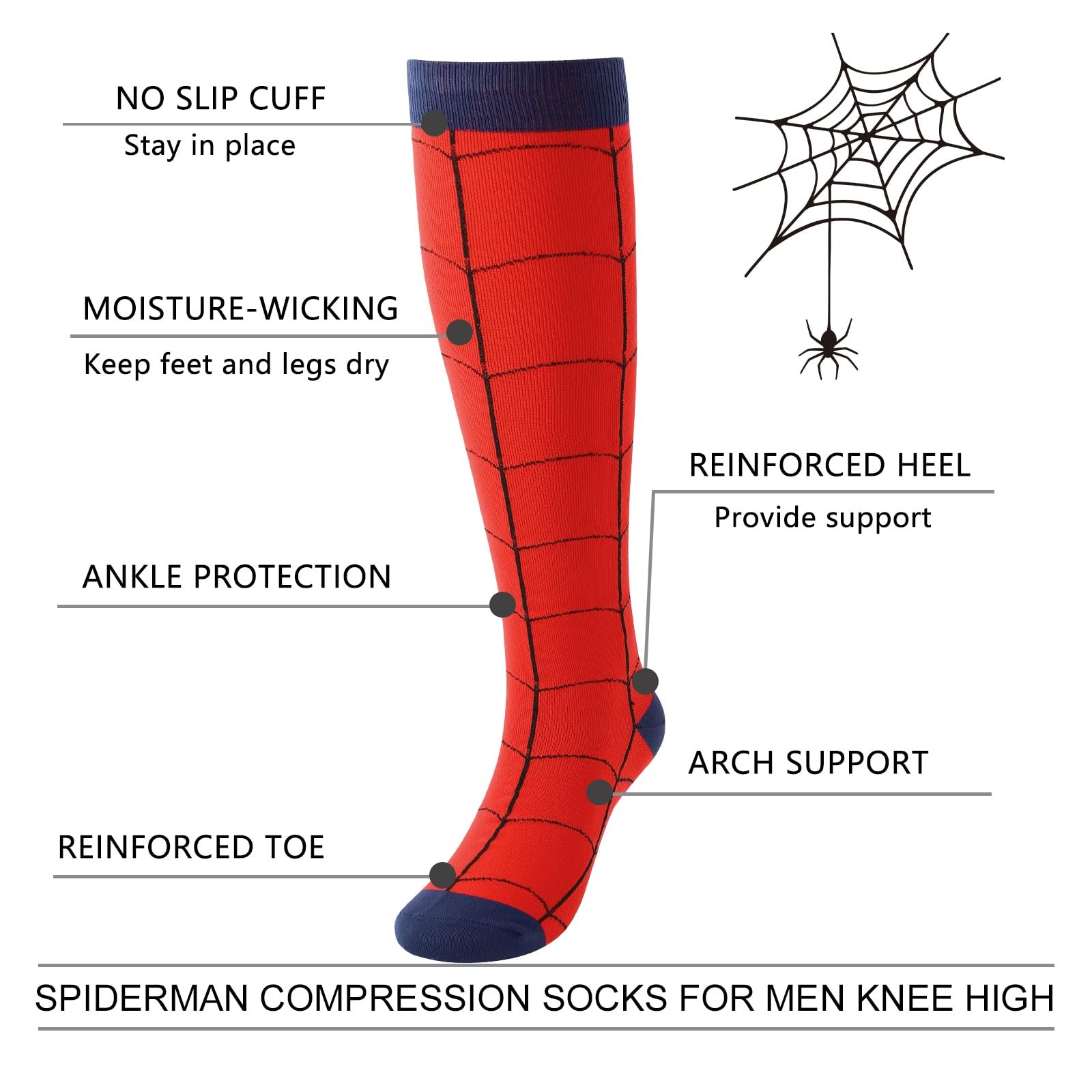 Junely Spiderman Compression Socks Men Knee High Stockings Red
