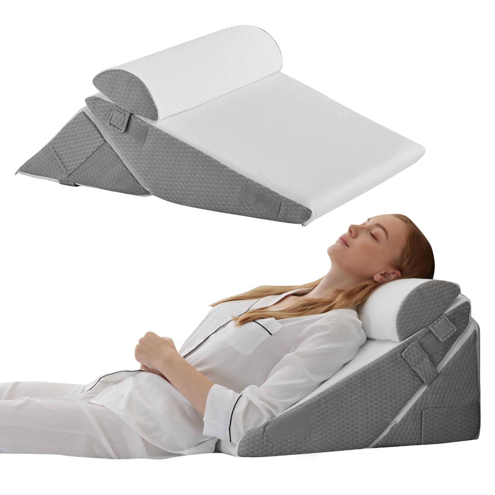 Bedluxe Wedge Pillow Adjustable 9&12 Inch + 1 Head Pillow, White/Grey