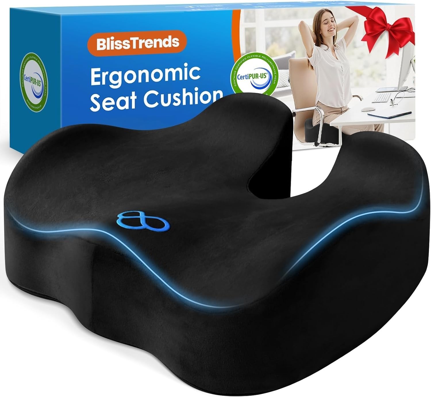BlissTrends Memory Foam Seat Cushion 4.7in Ergonomic Tailbone Support Black