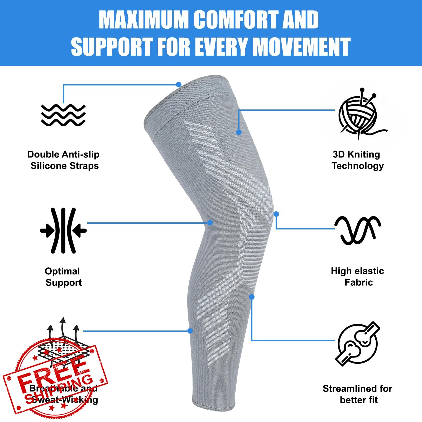 NuCamper Leg Compression Sleeves Gray X-Large 2 Pack