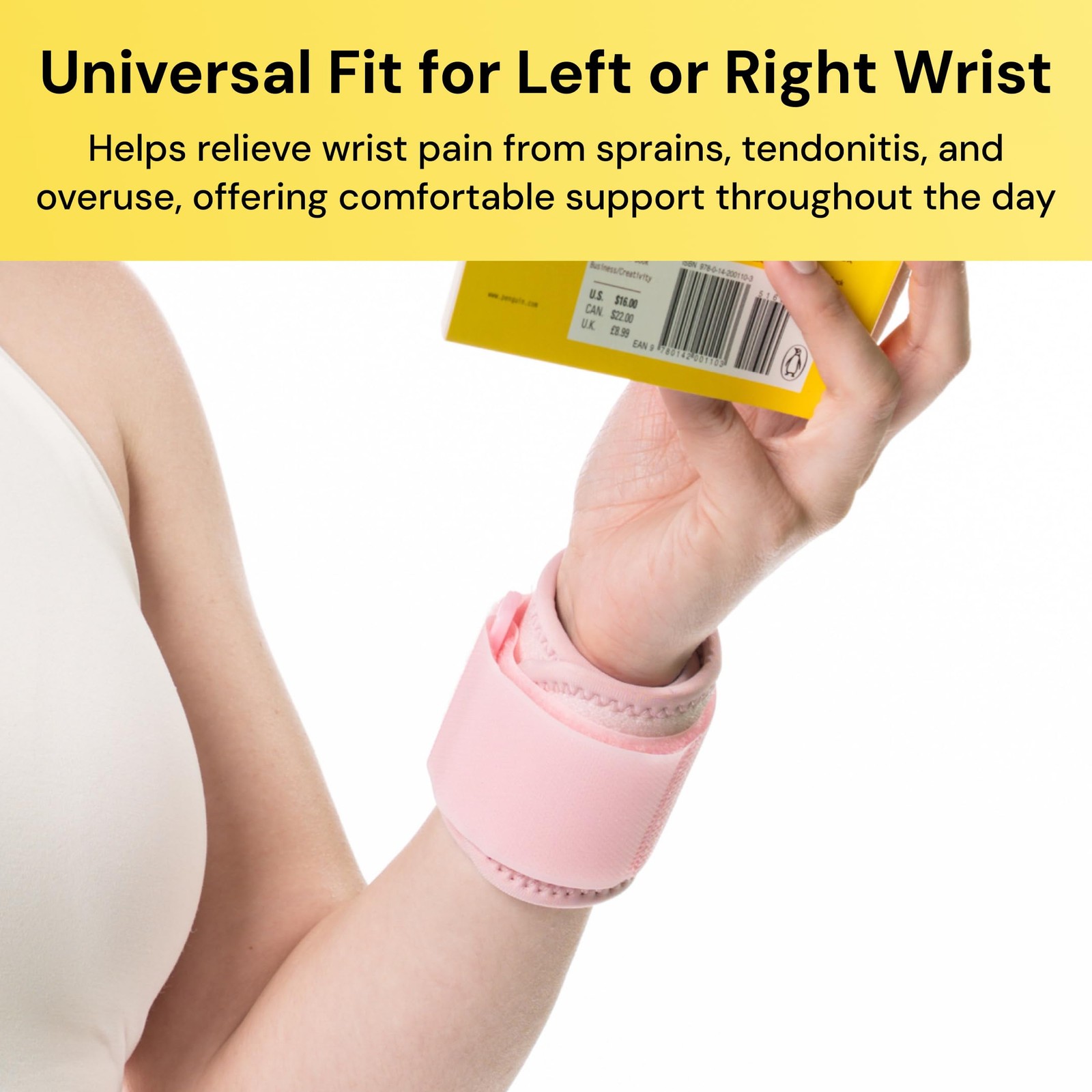 BraceUP Wrist Compression Strap and Support Brace, One Size Adjustable, Pink