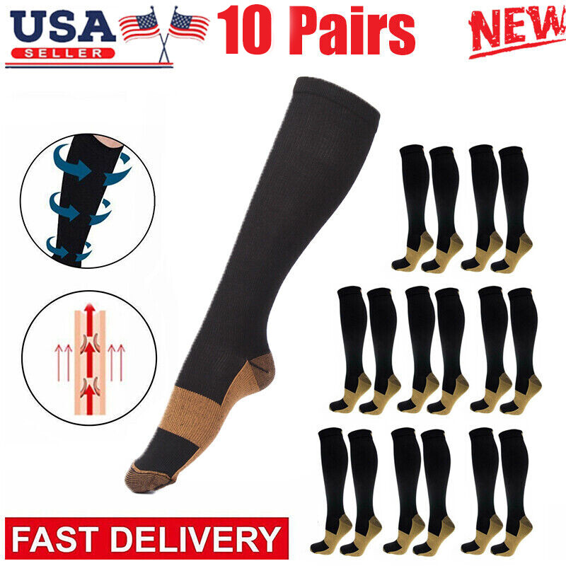 10Pair Copper Compression 20-30mmHg Graduated Support Socks Mens Womens S/M-XXL