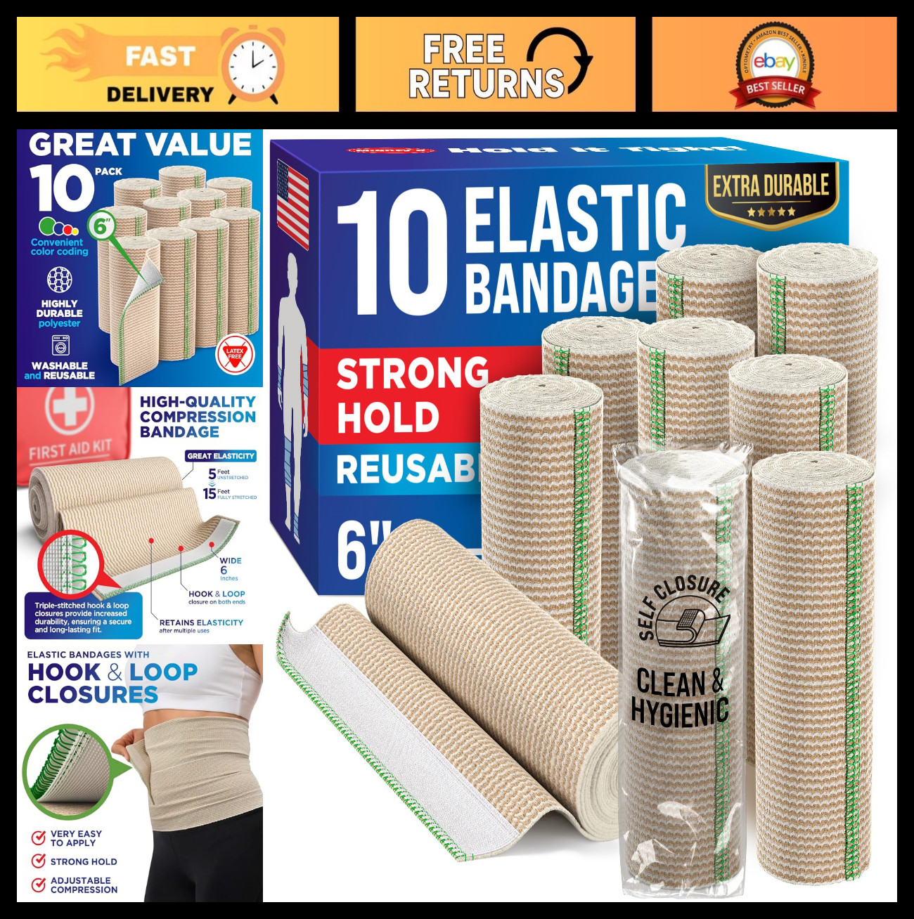 Elastic Bandage Wraps 6” (10 Pack) – Strong Compression Self-Closing for Legs, K