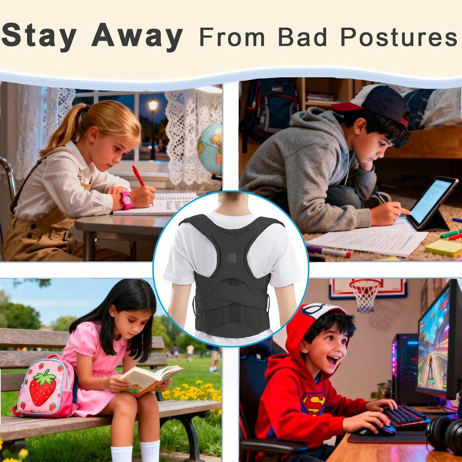 Black Kids Back Brace Medium Adjustable Support Belt for Growing Teens and Youth