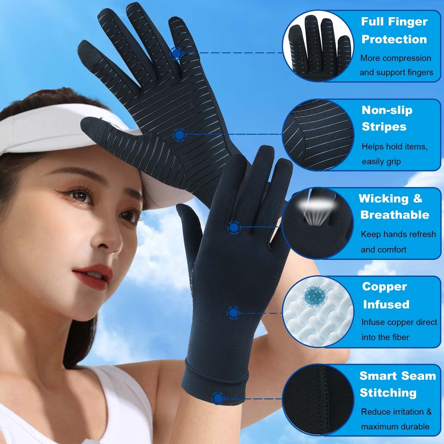 Full Finger Copper Compression Gloves for Arthritis Relief & Touchscreen Use