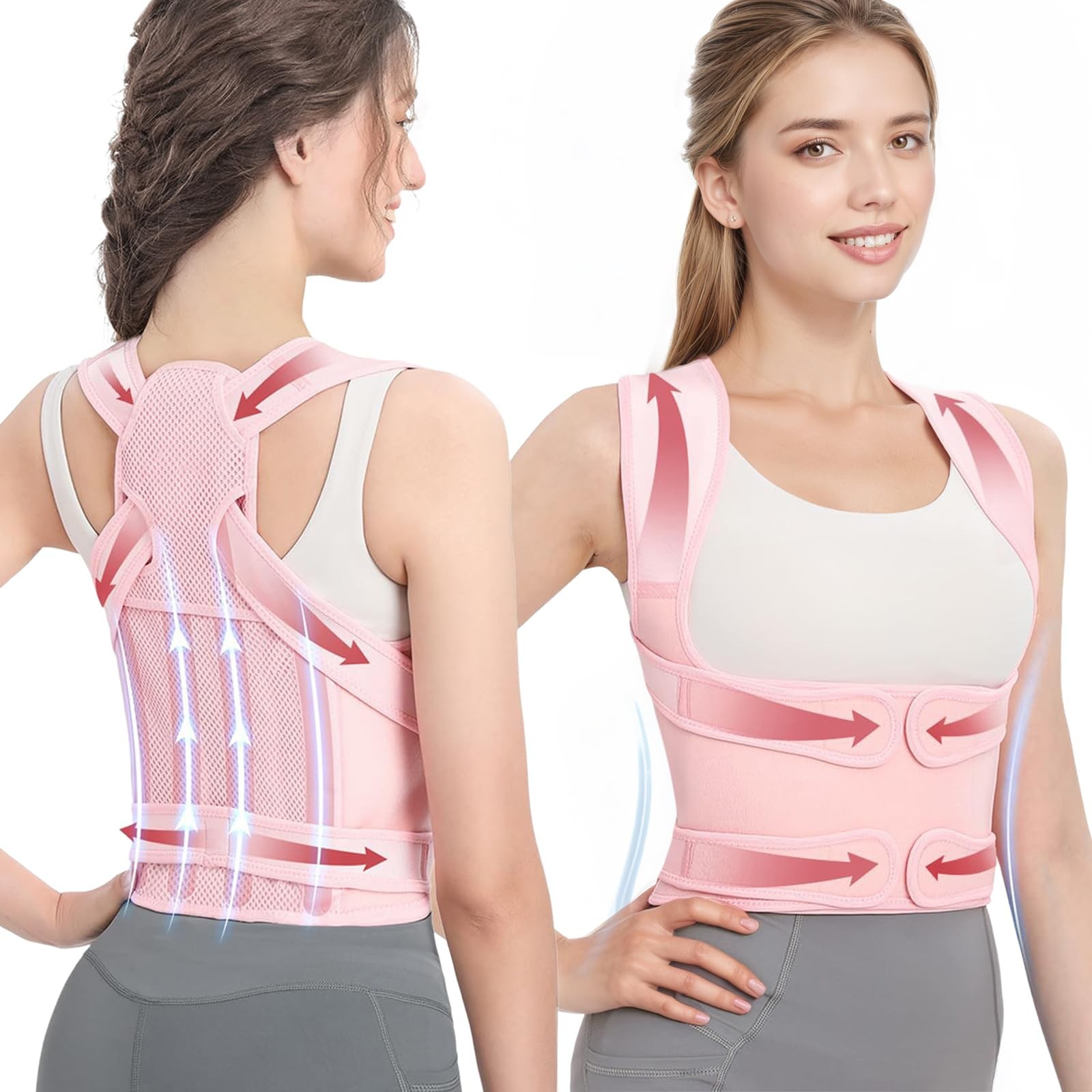 Posture Corrector for Women and Men,Adjustable Full Back Brace Medium, Pink