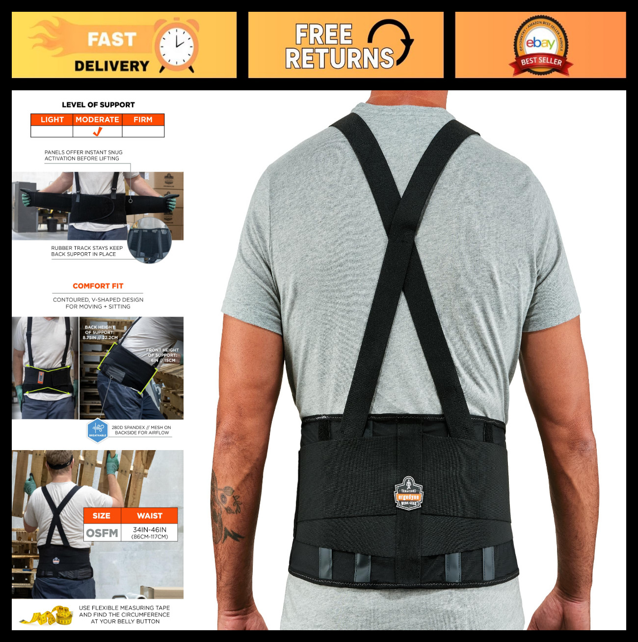 Universal Back Support Belt, 8.75″ Spandex, Fits Waist 28″-46″, Black, Comfort &