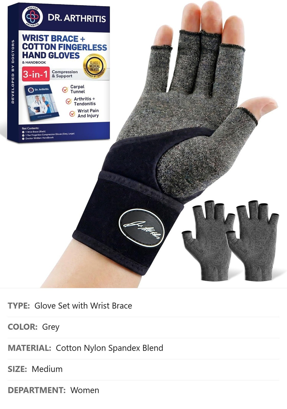 Compression Arthritis Glove Set, Medium, Fingerless, Wrist Brace, Grey