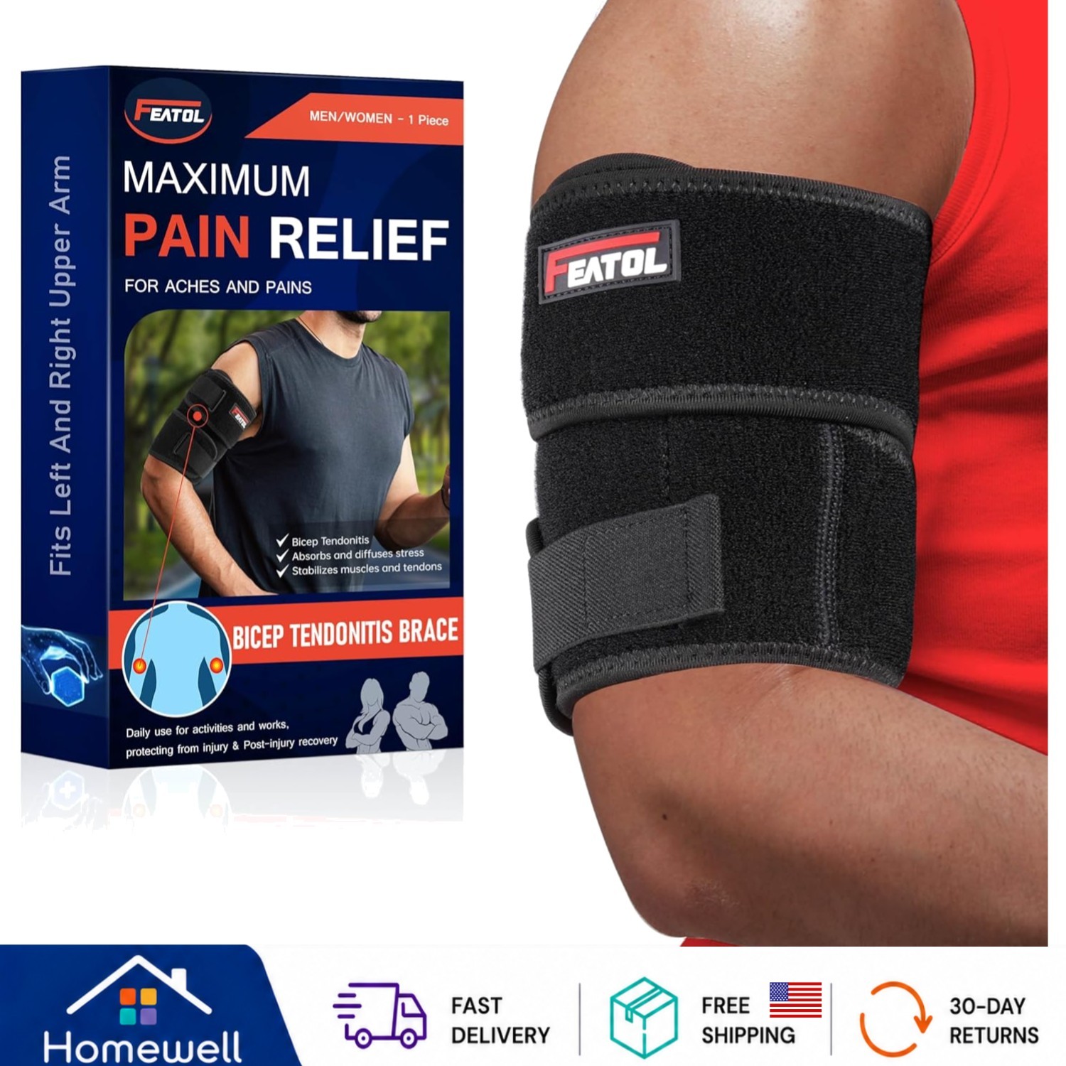 Comfortable Bicep Tendonitis Brace – Black Compression Sleeve, Adjustable, Large