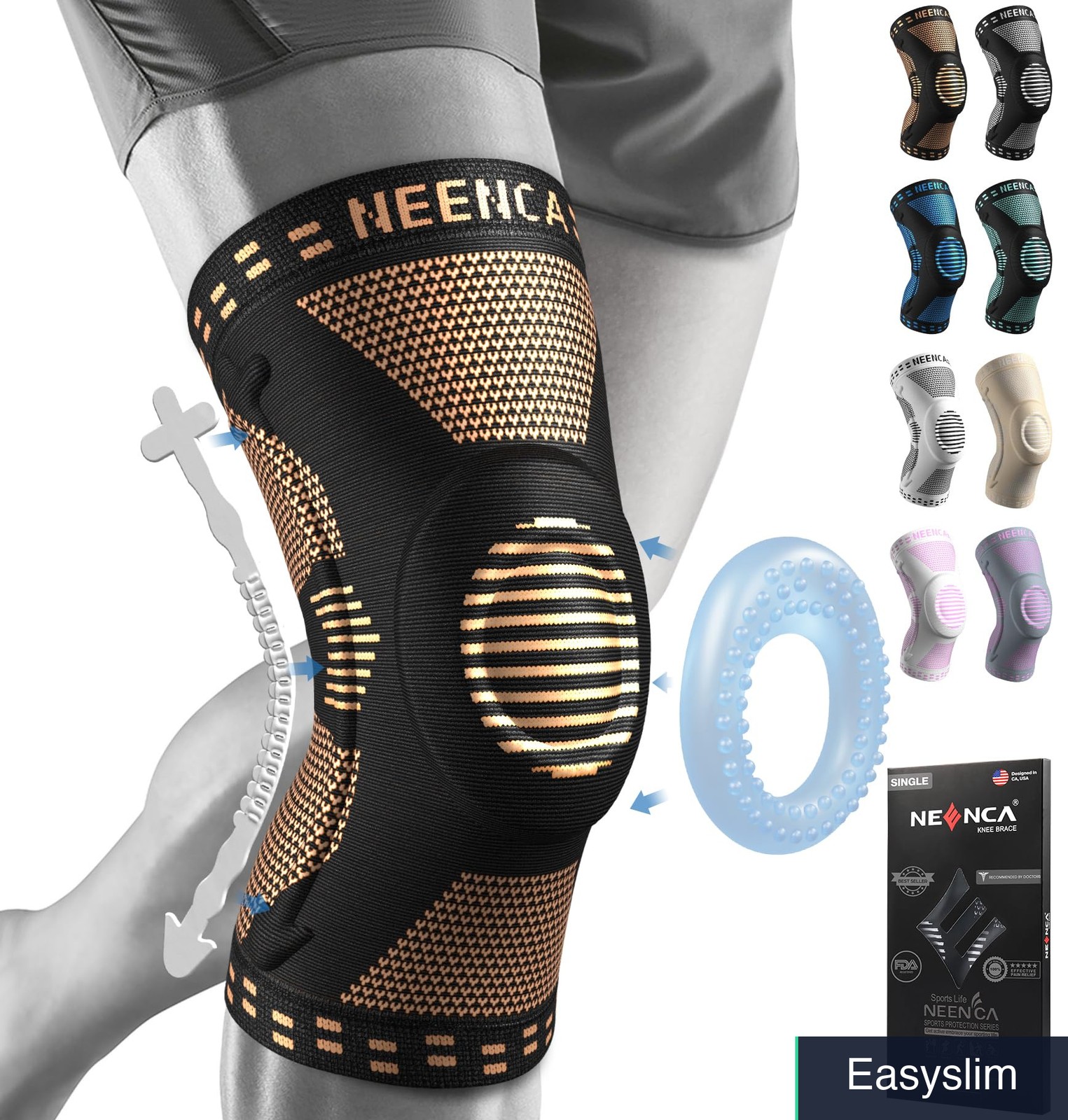 Copper Knee Brace with Compression Support Spring Stabilizers Gel Pad