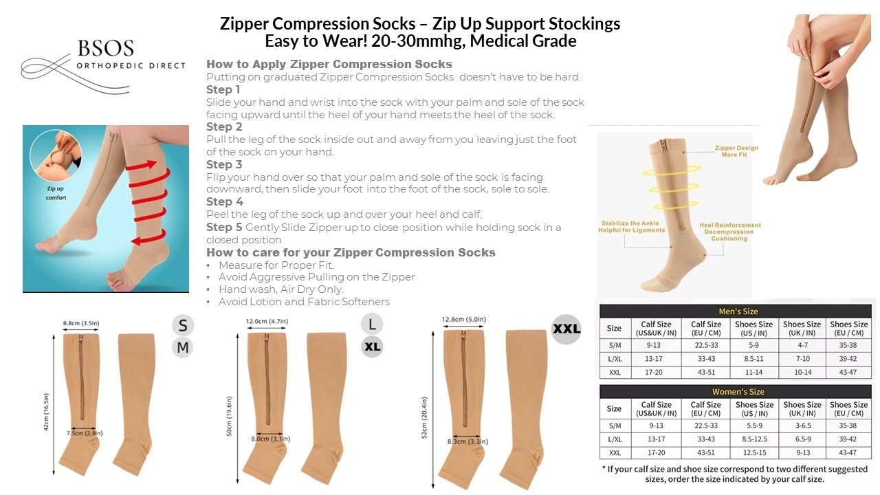BSOS Zipper Compression Socks, Easy On, 1 Pair, 20-30mmgh, Medical Grade