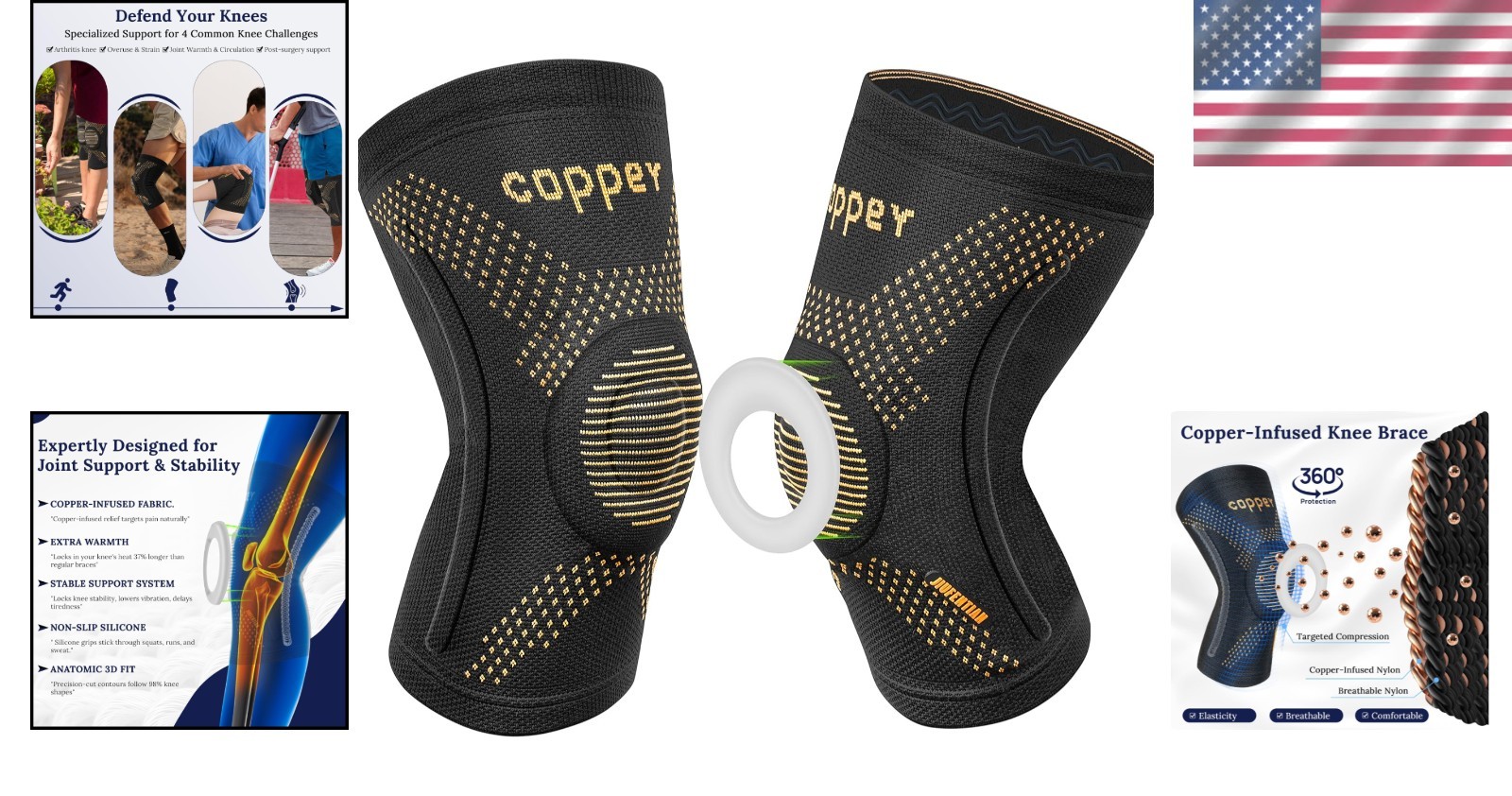 Breathable Copper Compression Knee Sleeves with Stabilizers – Large, 2 Pack