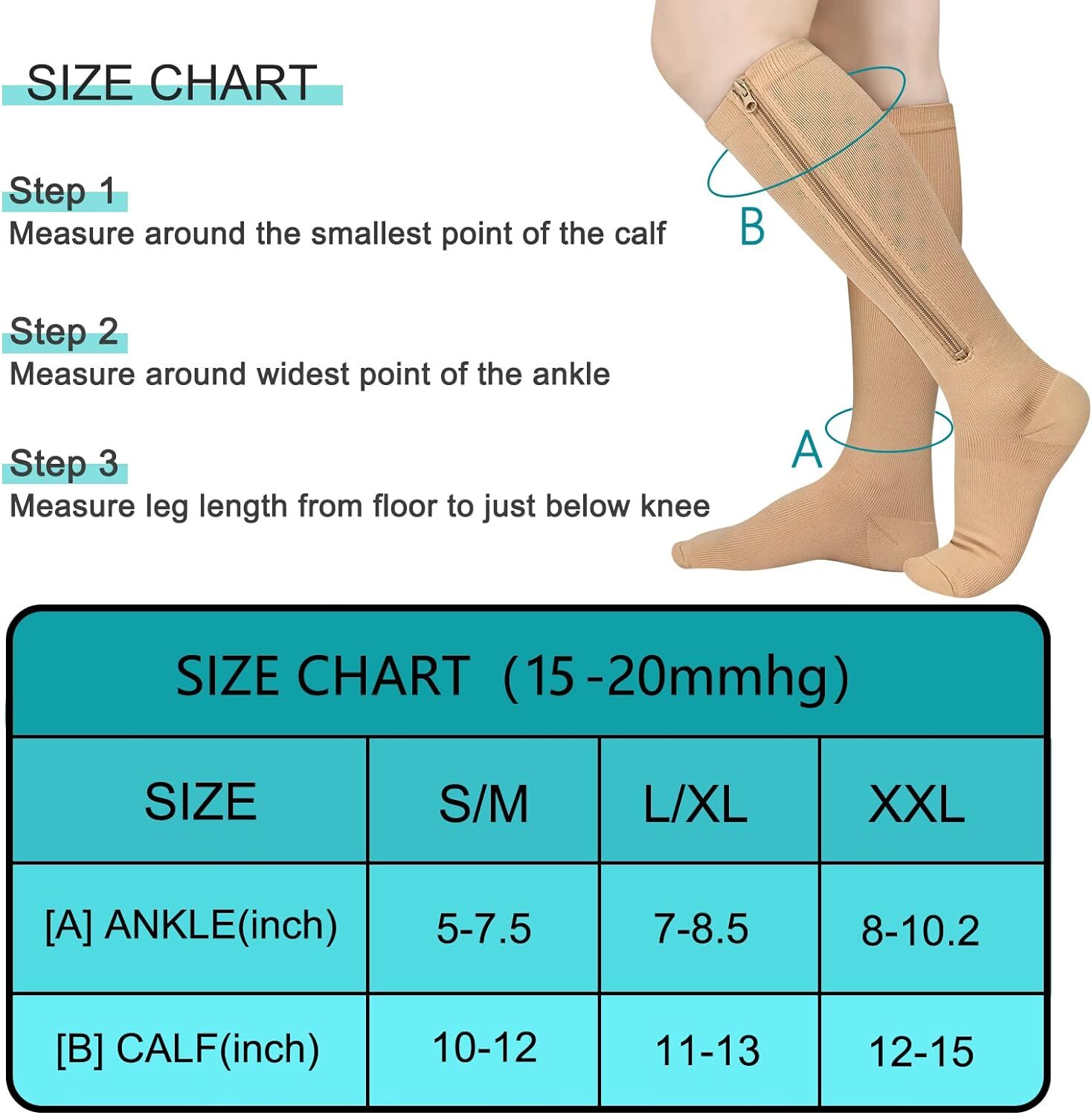 Zip-Up Compression Socks 20-30 mmHg GRADE Knee-High Unisex Leg Support NUDE