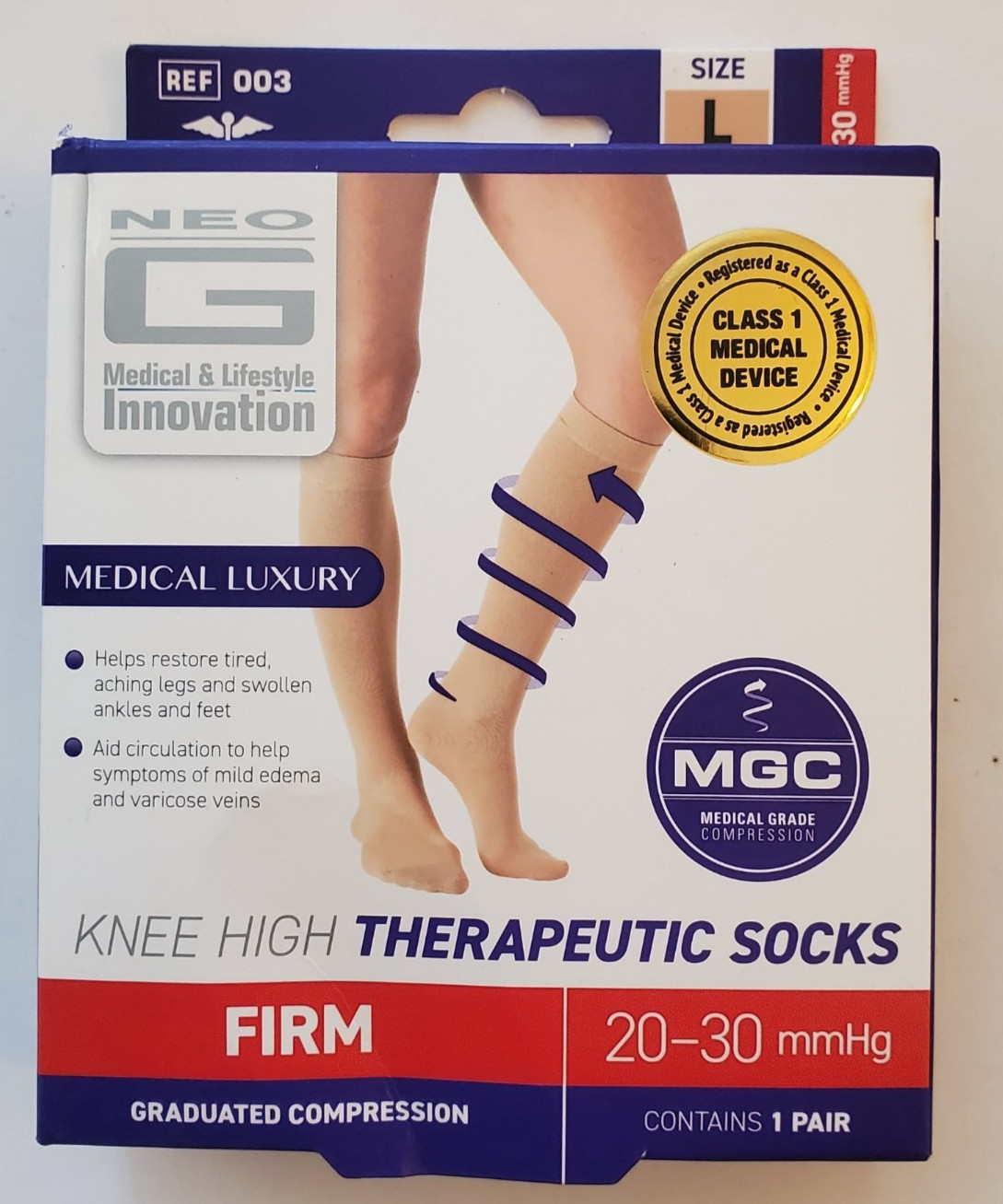 Neo G, Knee High Therapeutic Socks, Firm 20-30mmHg Large Beige, New Sealed