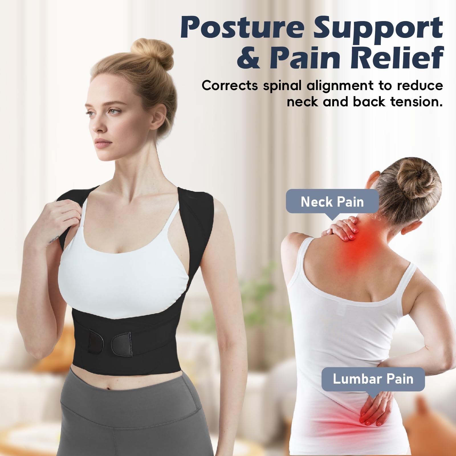LuxuMach Posture Corrector for Women & Men, Full Back Brace Medium, Black