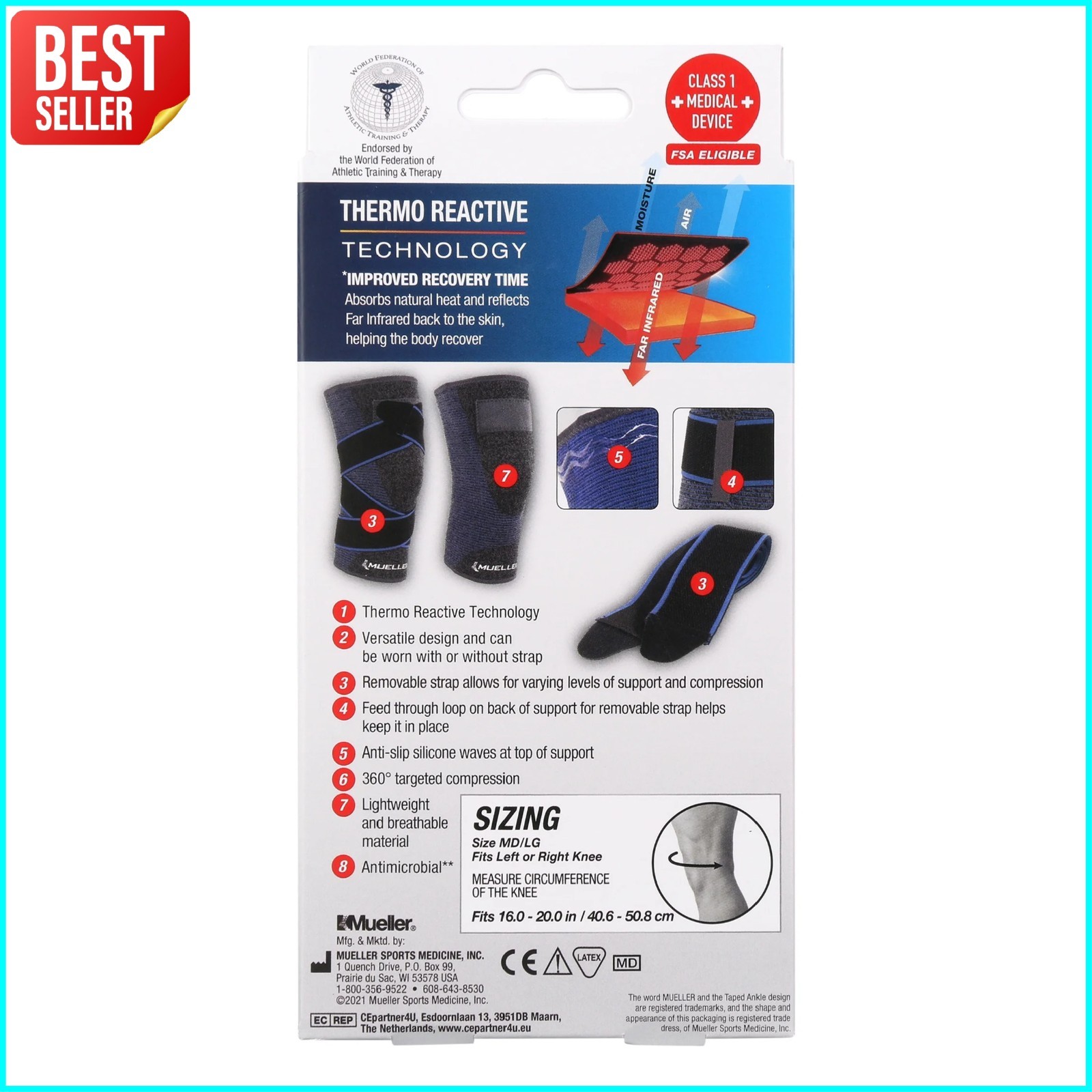 Mueller FIR 4 Way Stretch Knee Support Brace w Straps MD LG Sports