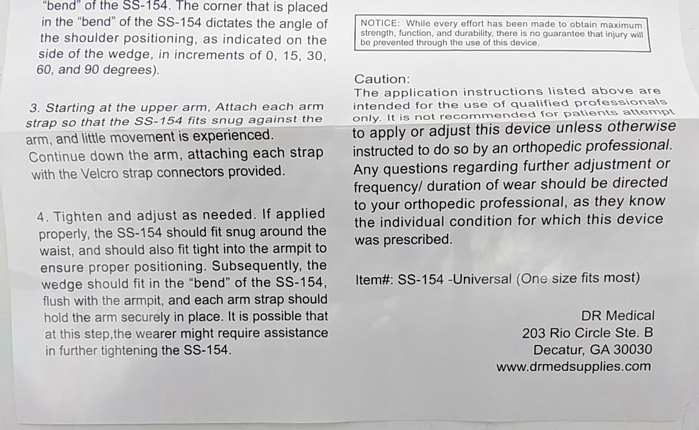 Dr Medical Shoulder/arm Abduction System SS-154 Universal Brace Black New