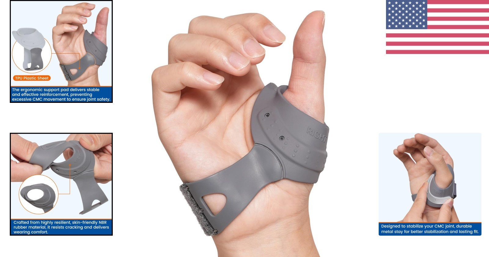 Thumb Brace for Right Hand Medium CMC Joint Arthritis Pain Relief Adjustable Fit