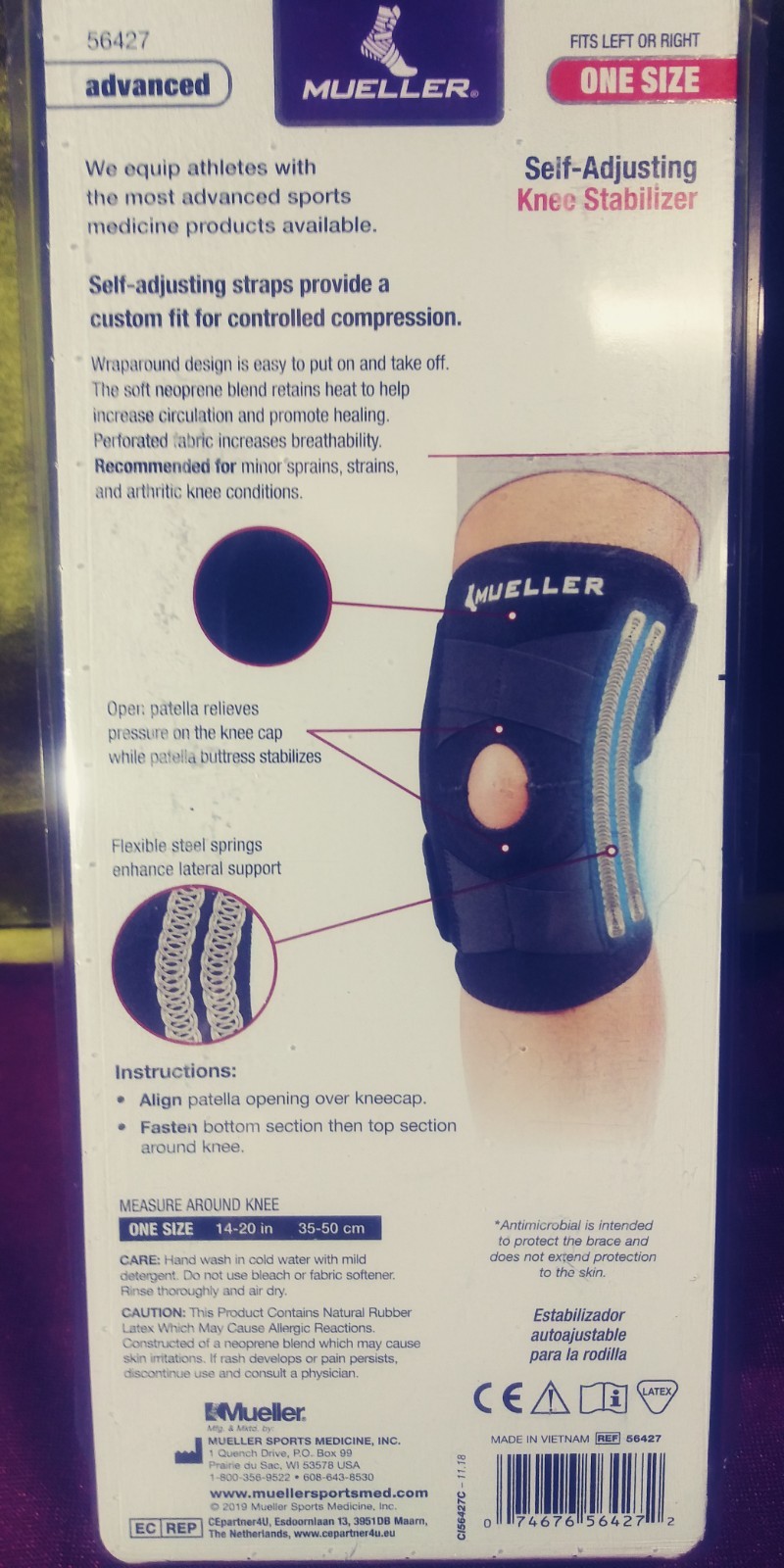 Mueller Self-Adjusting Knee Stabilizer #56427 one-size L/R Antimicrobial
