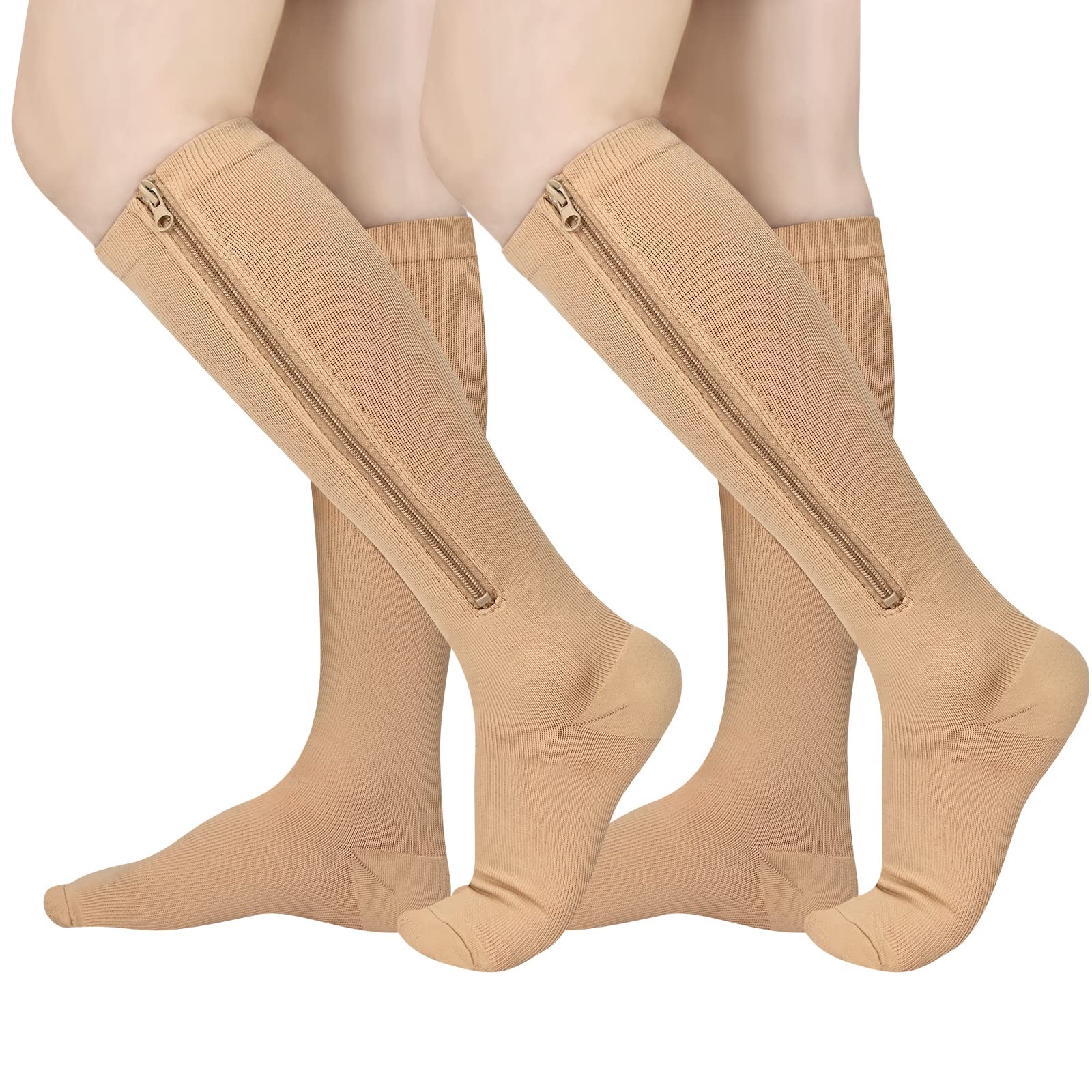 2 Pairs Zipper Compression Socks 15-20 mmHg Knee High Support Stockings
