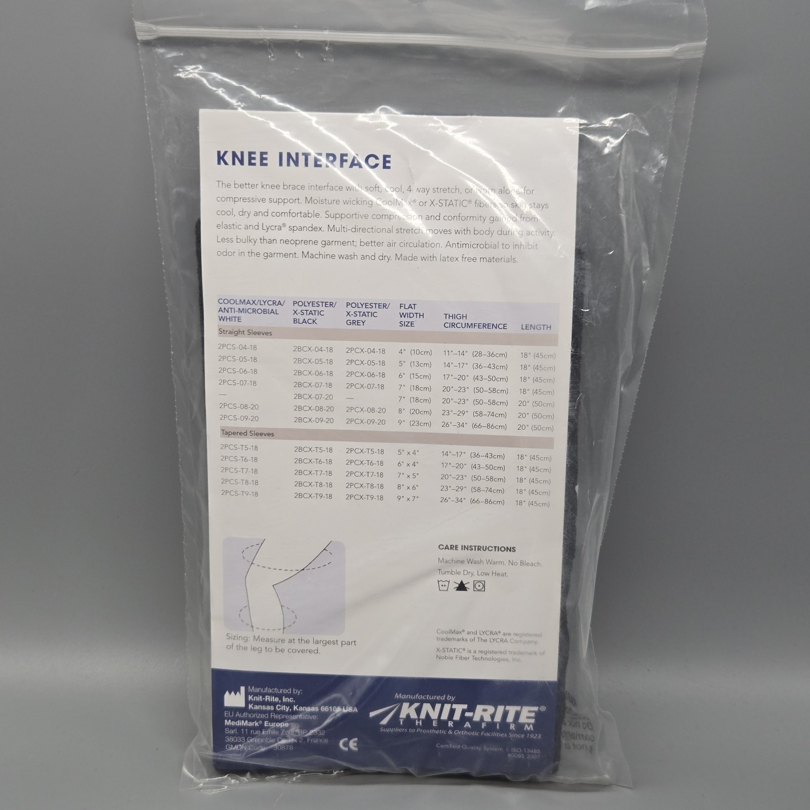 NEW Knit Rite Therafirm Knee Interface Sleeve X Static Black 8×18 2BCXT818