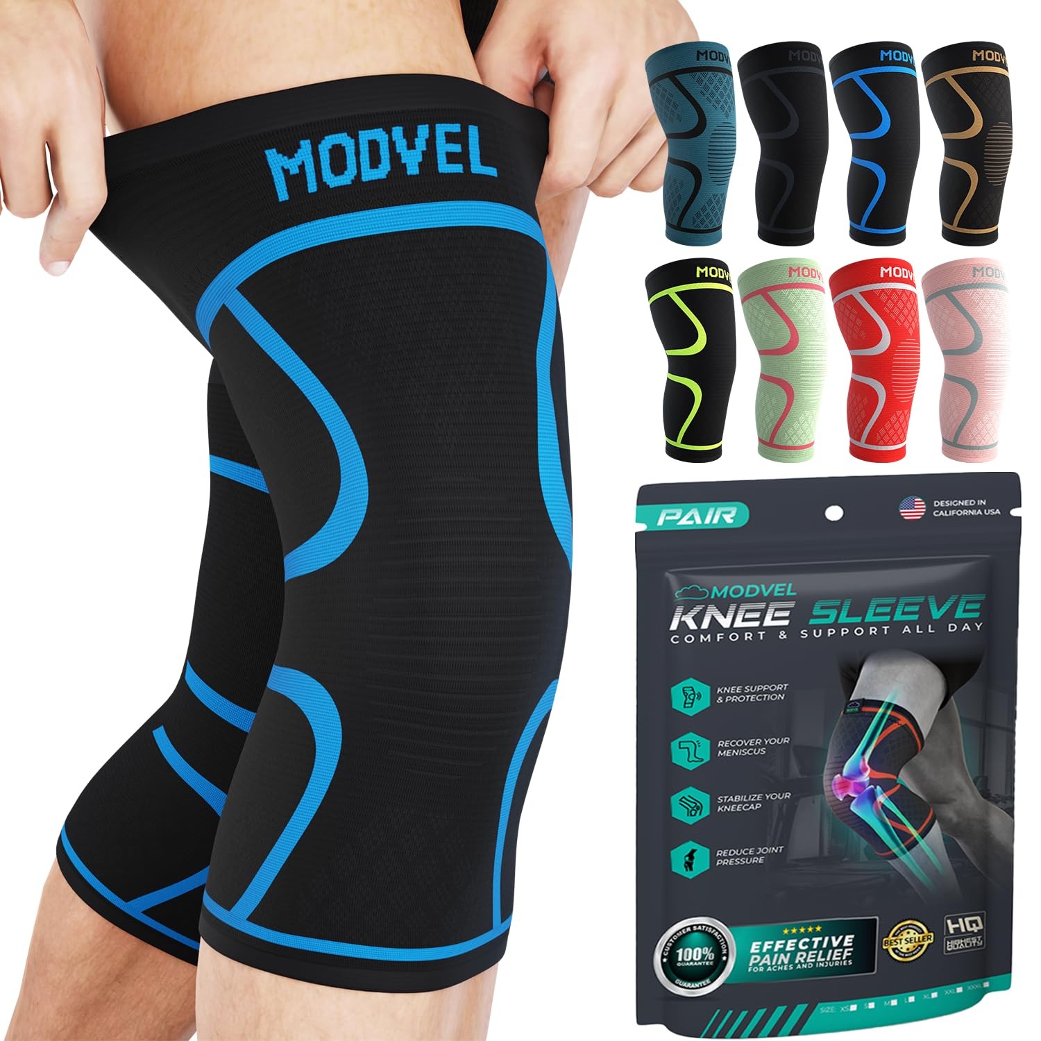 2 PCS Knee Braces Women Men Support Set Compression Sleeve Blue Size L Relief