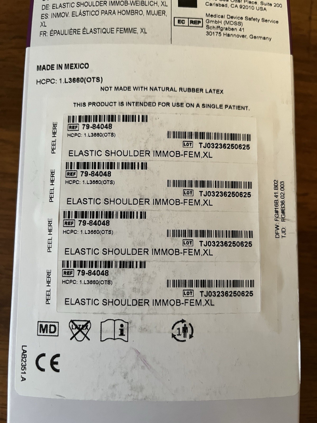Immobilizer Elastic Shoulder with Foam Straps Part# 79-84048 Female XL New