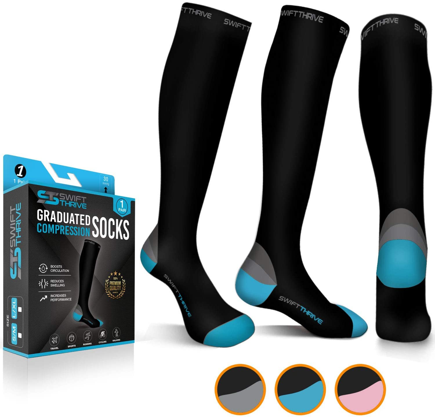 Swift Thrive Graduated Compression Socks Black with Blue Gray Pink “3 Pairs”