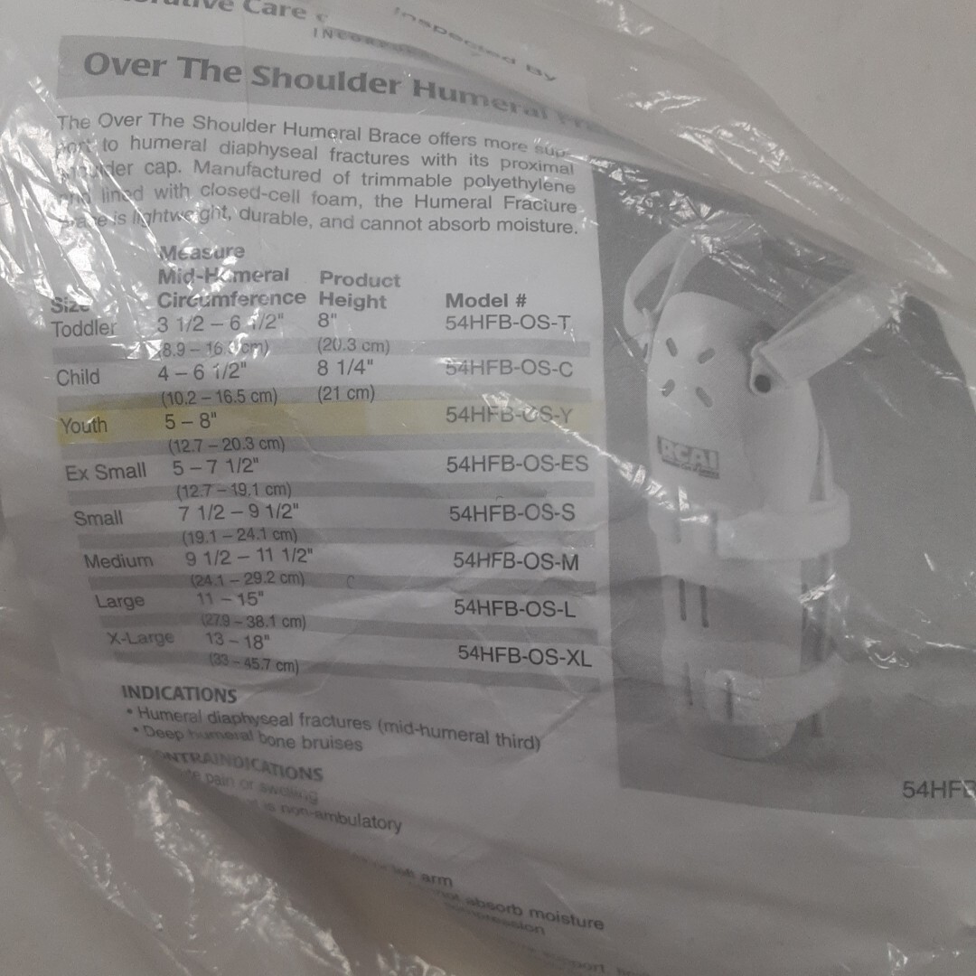 RCAI RESTORATIVE CARE OF AMERICA HUMERAL FRACTURE BRACE OVER THE SHOULDER YOUTH