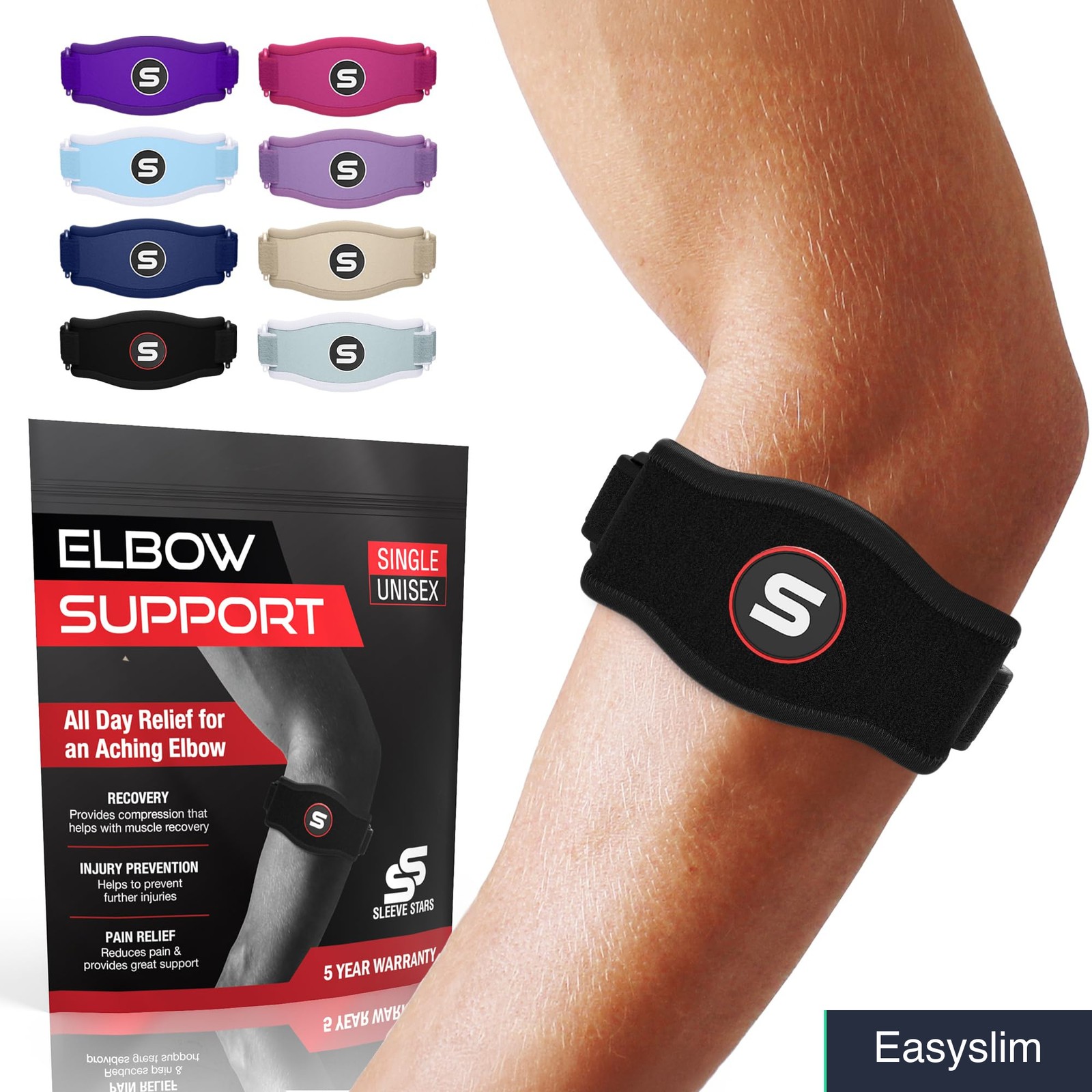 Elbow Support Brace Adjustable Compression Black Single 9-23 Inch