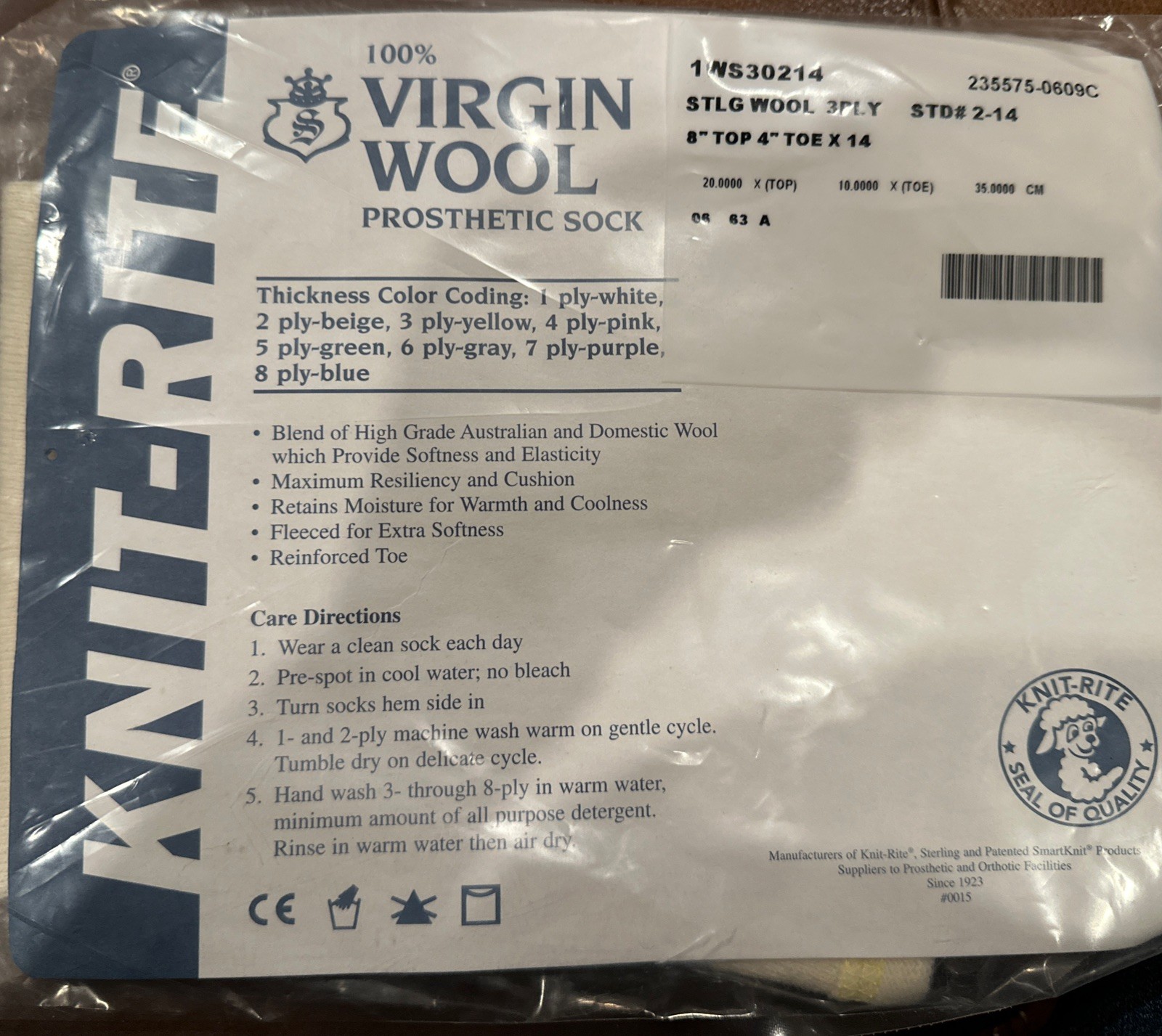 Knit-Rite Prosthetic Super Sock 100% Wool 3 PLY 8” Top 4” Toe x 14” 1WS30214