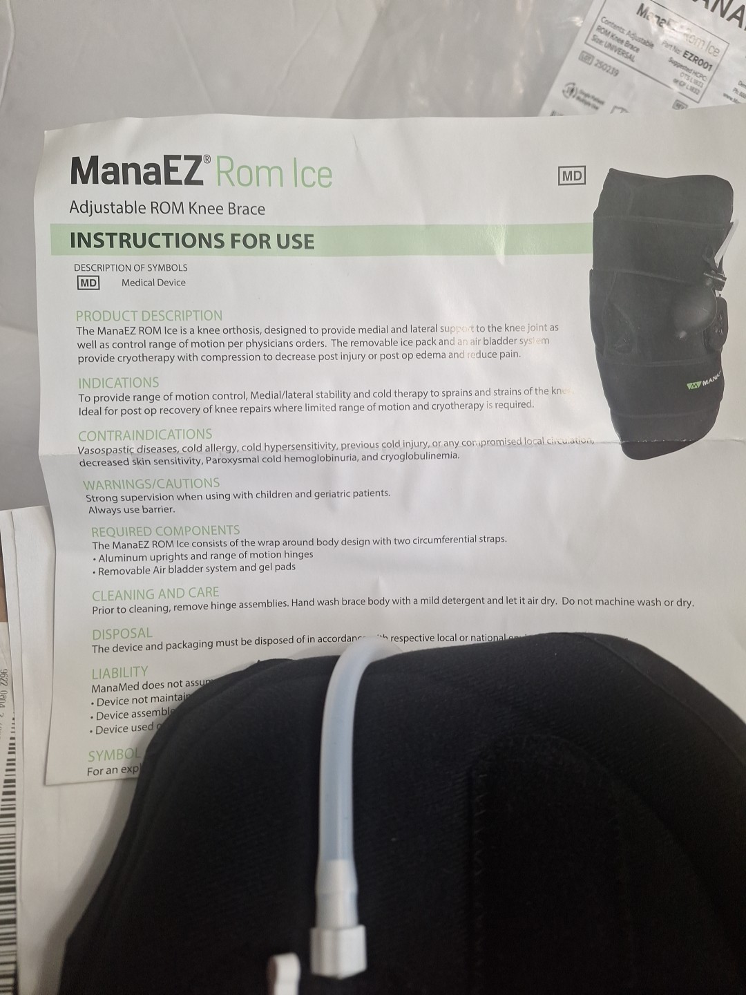 KNEE BRACE ADJUSTABLE MANAMED EZ ROM Gel Ice Compression Ice Packs EZR001 NEW J9