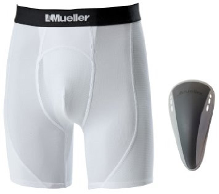 Mueller Adult Athletic Support Shorts w/ Flex Shield Cup, White/Gray – LG – NWOP