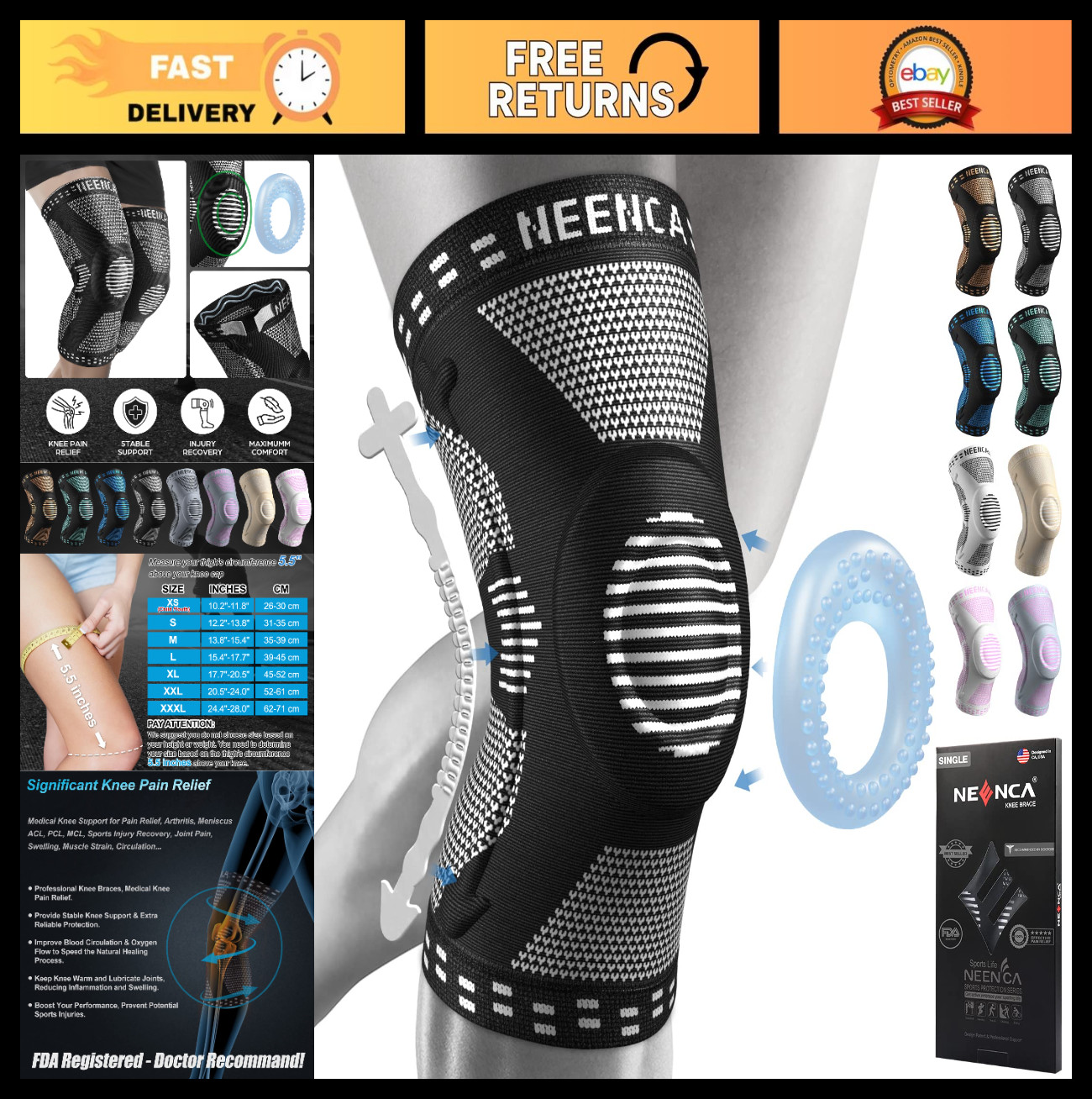 Professional Compression Knee Brace with Gel Pad & Stabilizers for Pain Relief,