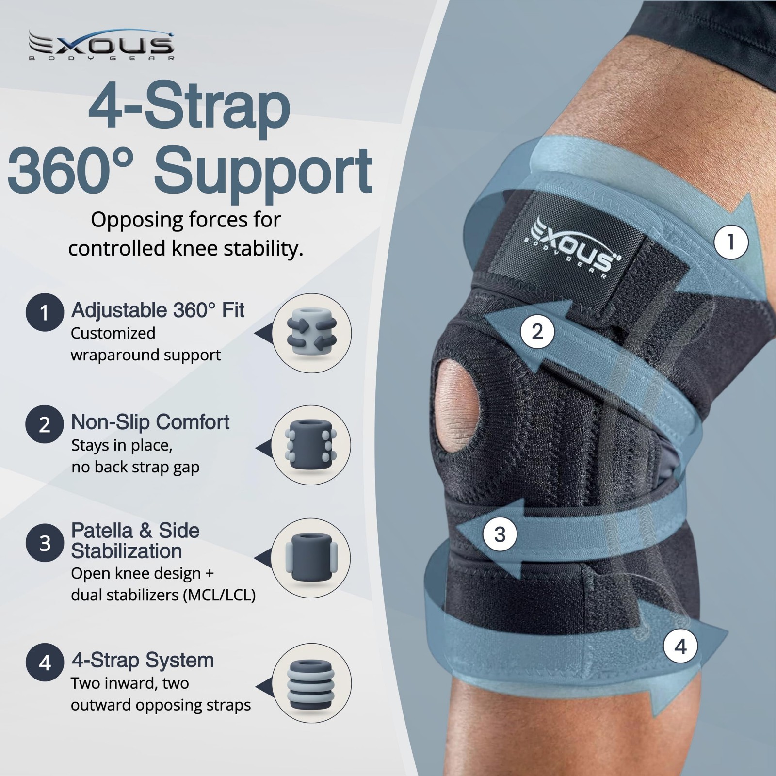 Adjustable Knee Brace for Men & Women | 4-Way Support, Stabilizers for ACL, MCL,