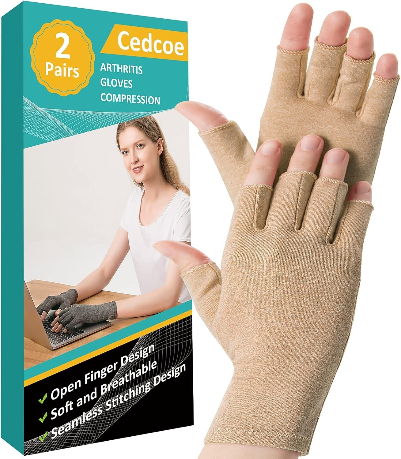 Breathable Cotton Spandex Fingerless Compression Gloves – 2 Pairs for Arthritis