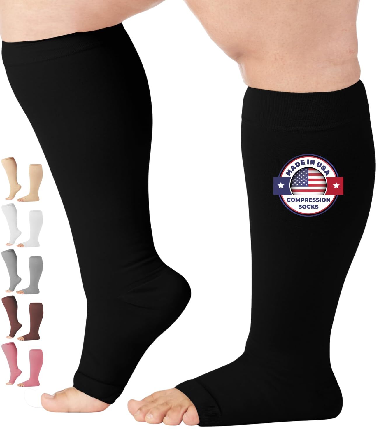20-30 mmHg Circulation Women & Men – Opaque Knee-Hi Open Toe – Black Large AB…