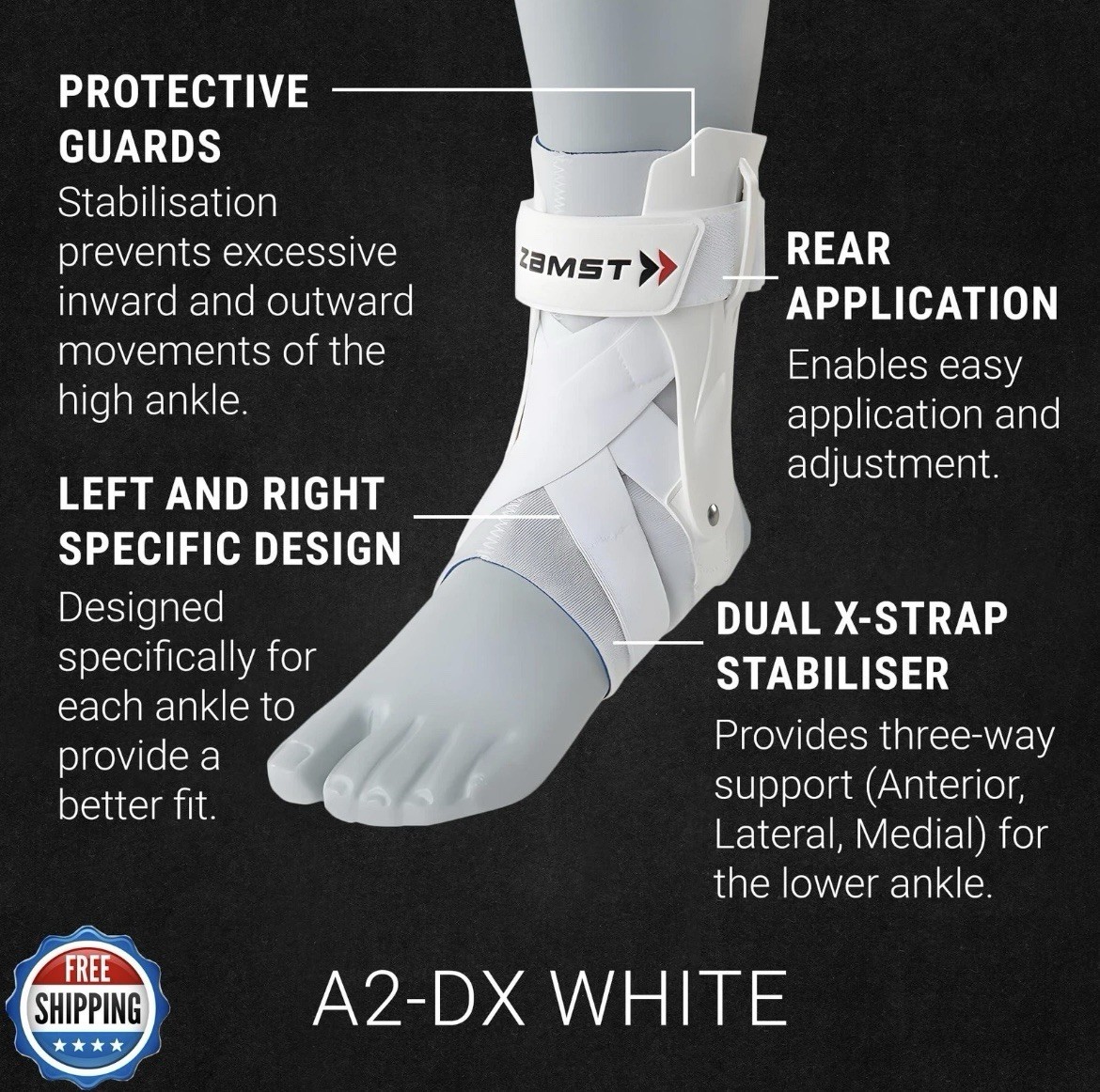 Zamst A2-DX White RIGHT Ankle Brace Sports Support Men Women High-Grade Sprain