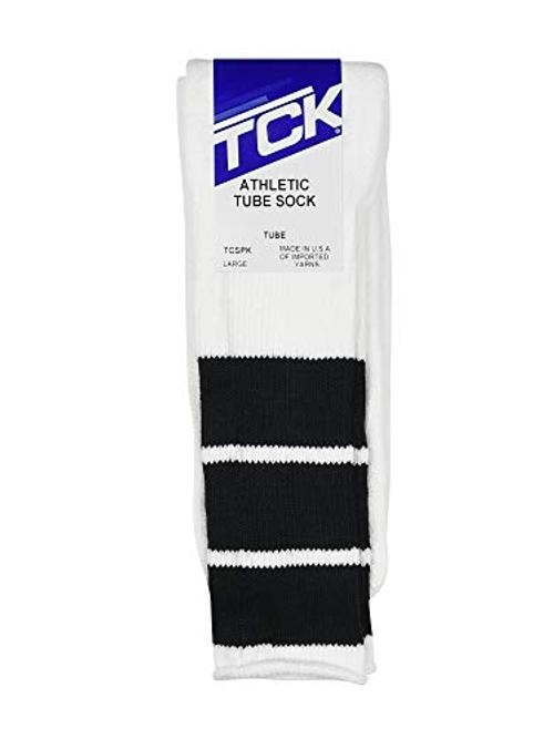 Retro Tube Socks with Stripes for Men & Women – 3 Stripe, 70’s Large Black