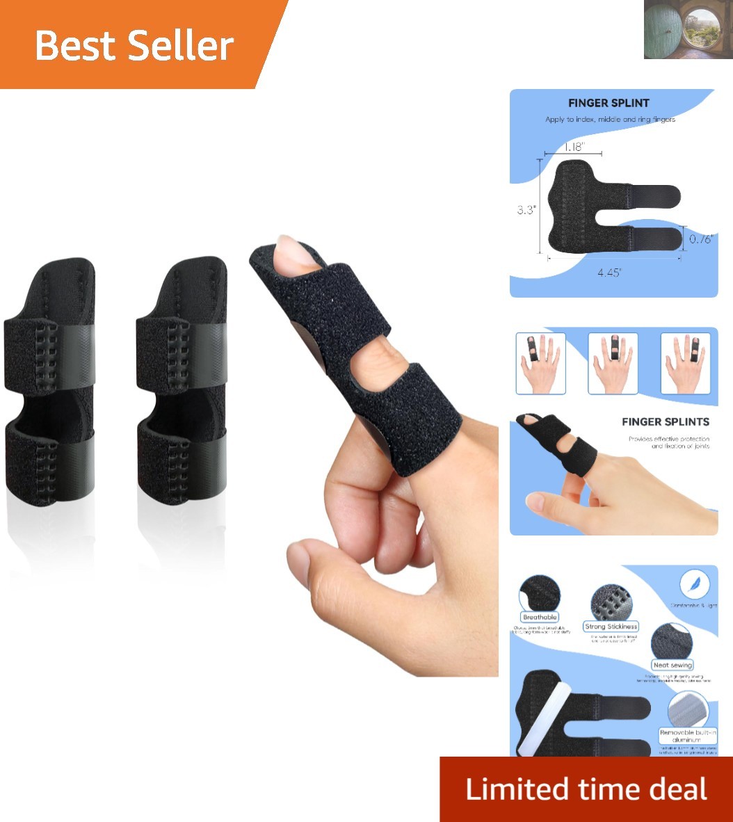 2-Pack Adjustable Finger Splint – Stabilizes Middle, Index & Ring Fingers, Black