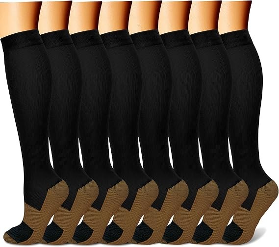 8 Pairs Copper Compression Socks 15-20 mmHg Knee High Support for Men Women