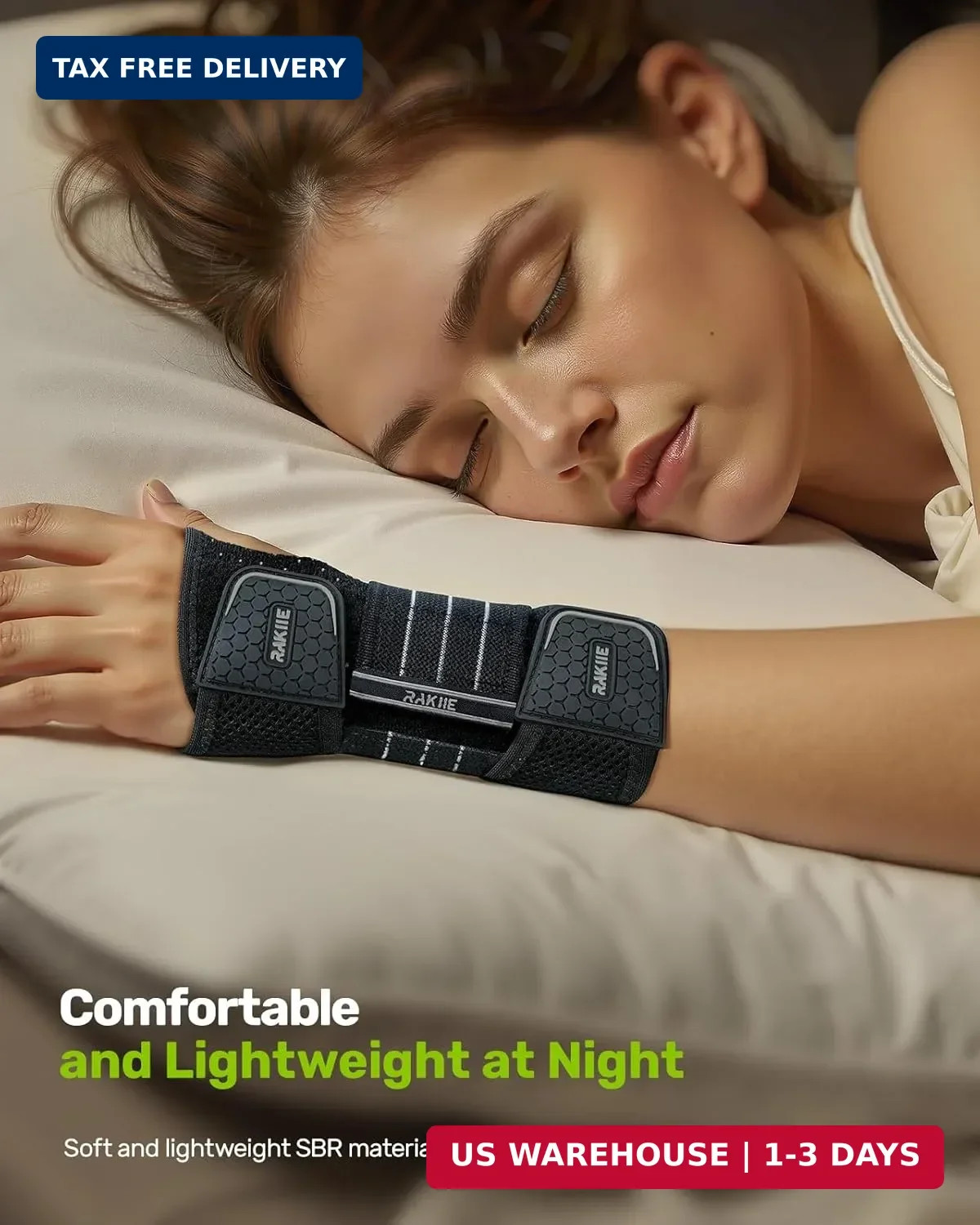 Rakiie Carpal Tunnel Wrist Brace – Ergonomic Night Support with 3 Metal Splints