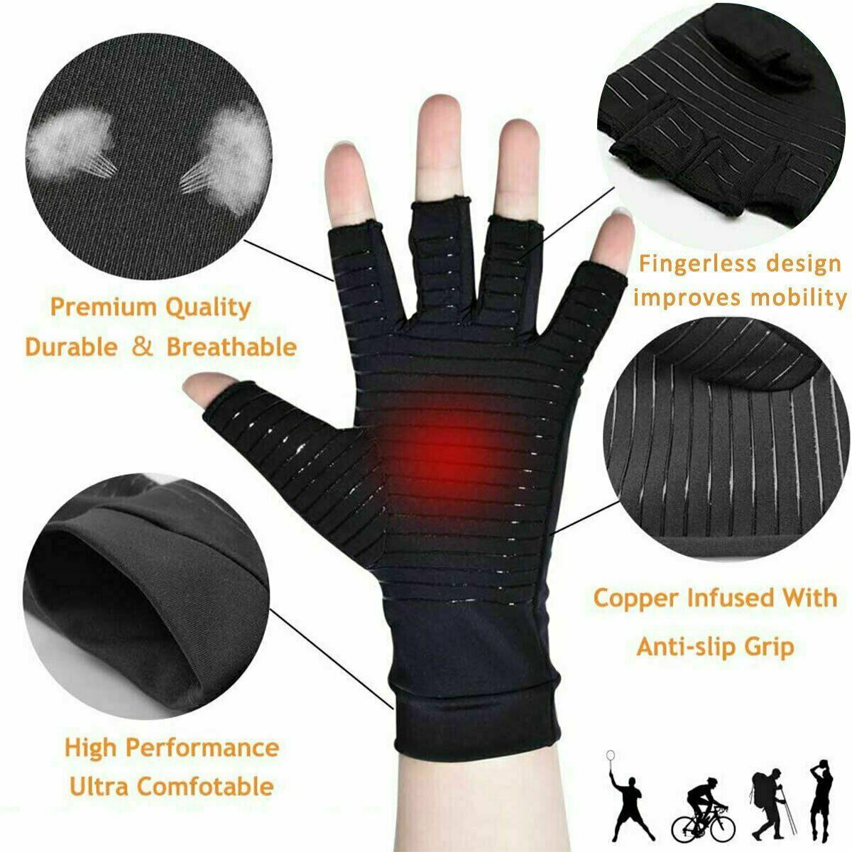 Copper Infused Compression Arthritis Gloves Carpal Tunnel Joint Pain Circulation