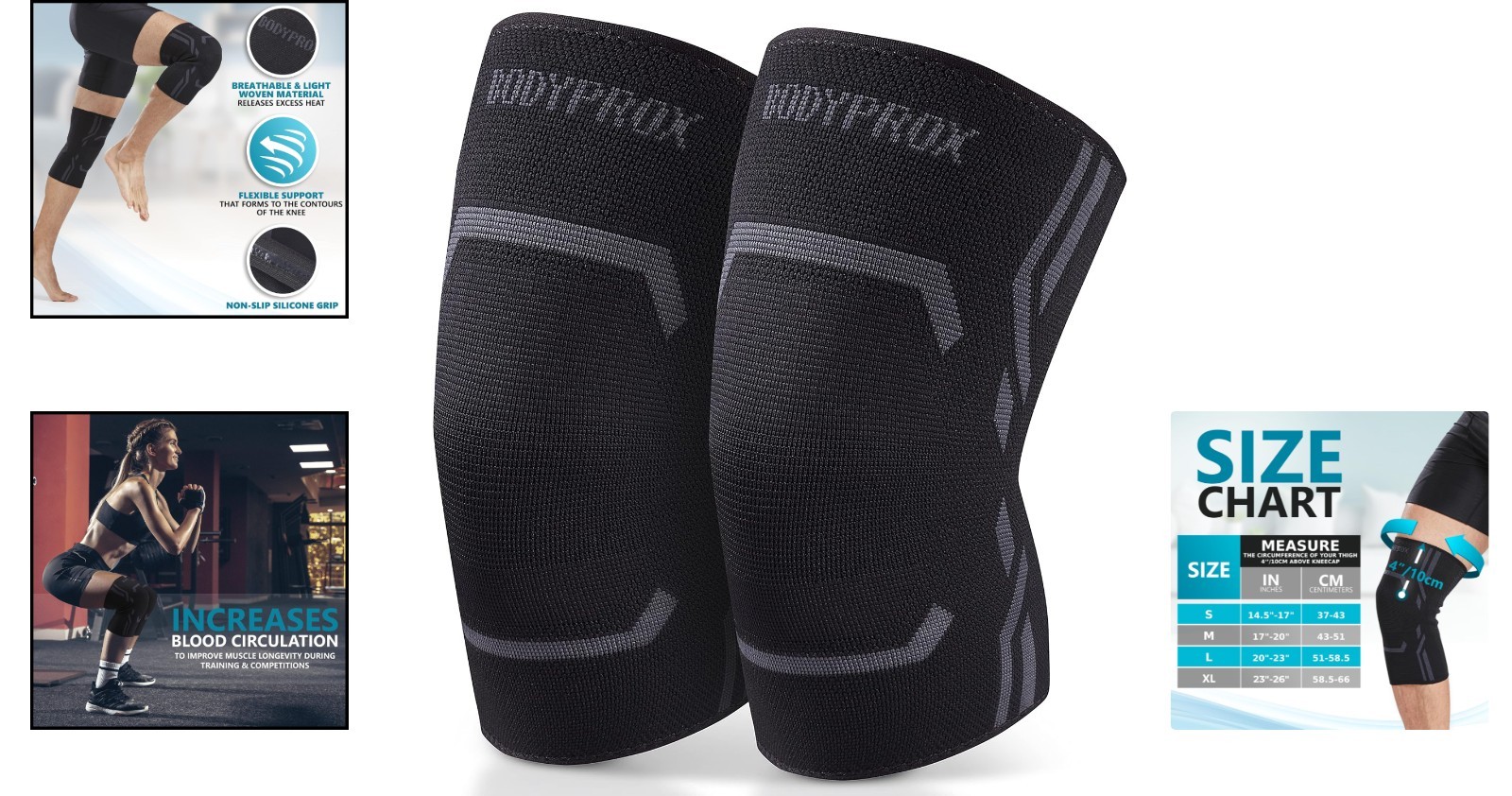 Large Black Knee Compression Sleeves 2-Pack for Men & Women, Supports Running…