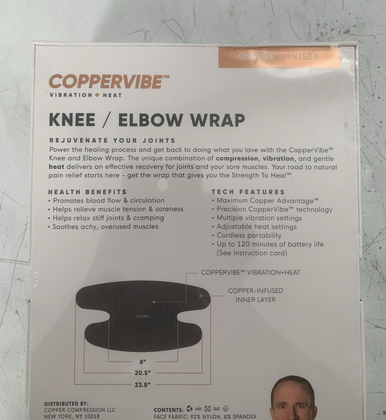 CopperVibe Vibration + Heat Therapy Knee/Elbow Brace Support One Size New Sealed