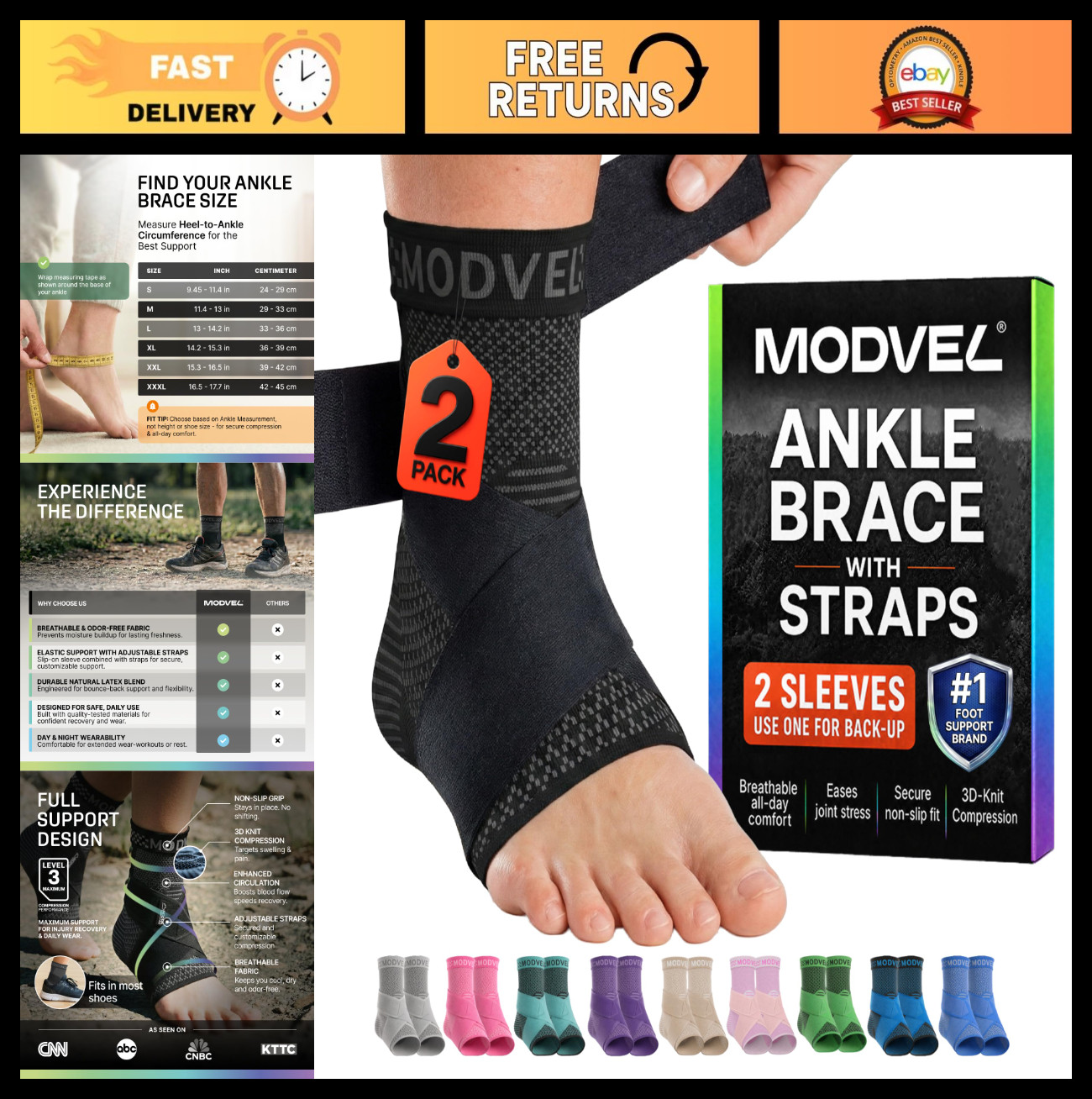 Adjustable Foot & Ankle Brace Socks – 2 Pack Compression Sleeves for Sprains, Pl