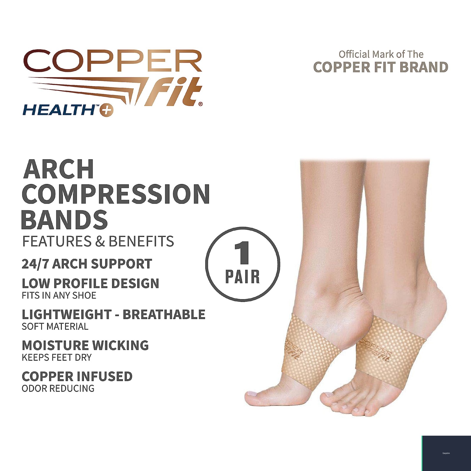 Arch Compression Bands Copper Infused Beige Fabric One Size 2 Pack