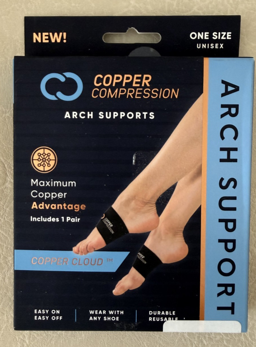 Copper Compression Arch Support 1 Pair One Size Durable Reusable Black NEW