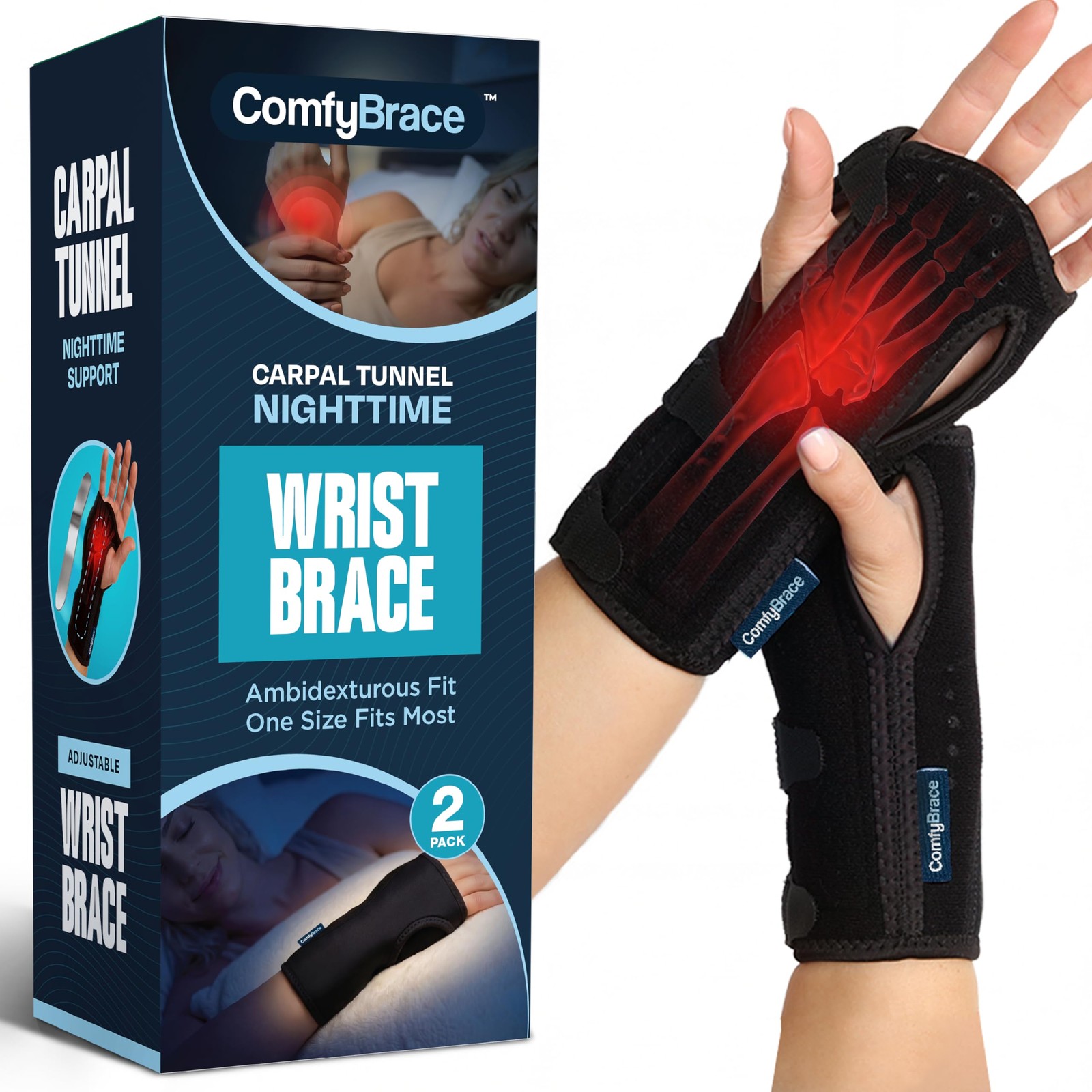 ComfyBrace 2 PACK Nighttime Pain Relief Wrist Brace for Carpal Tunnel